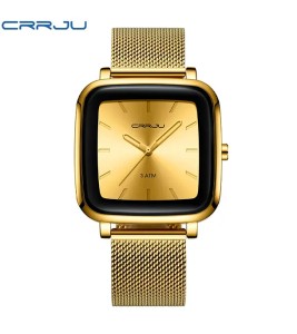 CRRJU 2199 Luxury Gold Men Quartz Watch Stylish Mesh Strap Water Proof Pointer Display Simple Business Wrist Watch