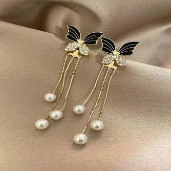 Cubic Zirconia Decor Butterfly & Faux Pearl Drop Earrings