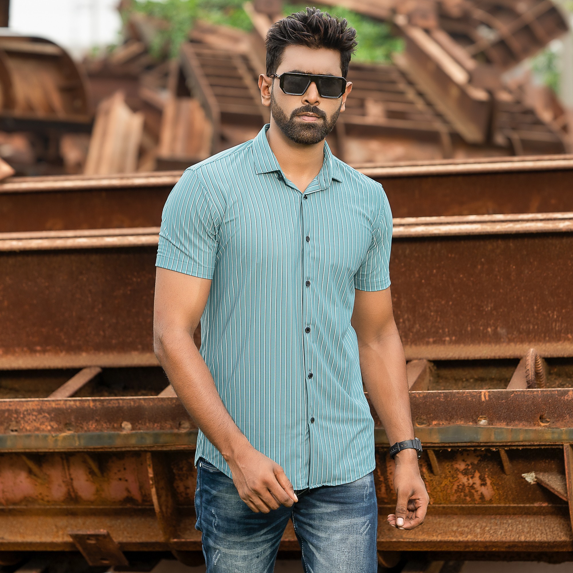 Half Sleeve Stretch Casual Shirt (Sky+blue)