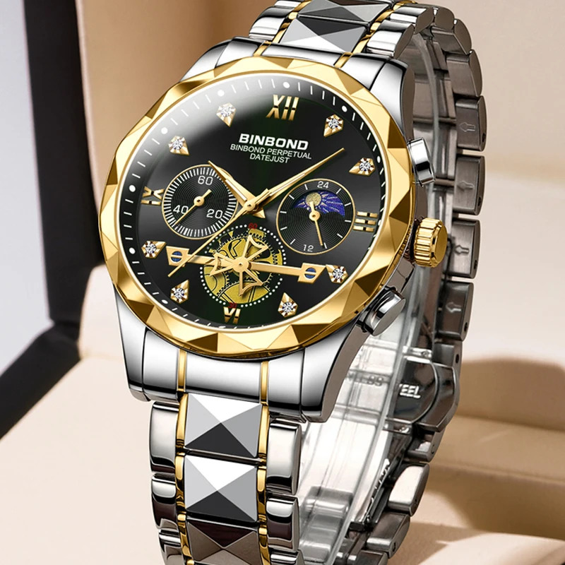 BINBOND B1236 Brand Fashion Tourbillon Dial Quartz Watches Men’s Luxury Stainless Steel + Free Chain cutter @ battery .