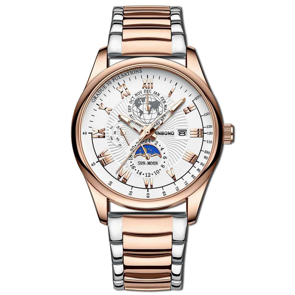 BINBOND B3982 New Style Silver Men Quartz Watch Authentic Stainless Steel Band Water Proof Date Display Dials Decoration Watch