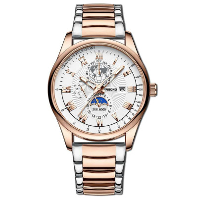 BINBOND B3982 New Style Silver Men Quartz Watch Authentic Stainless Steel Band Water Proof Date Display Dials Decoration Watch