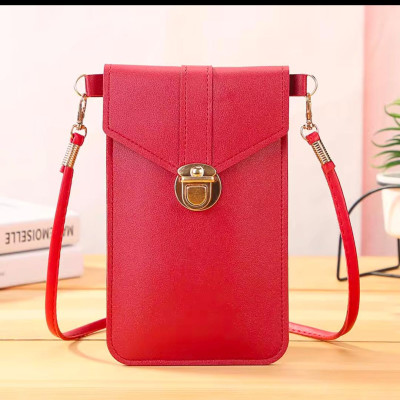 Women's PU Leather Phone Holder With Neck Strap Wallets Touch Screen Bags(Red)
