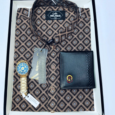 Cotton Printed Punjabi + Premium Watch + Leather Wallet + Body Spray + And Digital Counter Tasbih Combo Pack