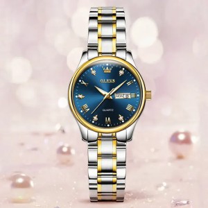Olevs 5563 Luxury Fashion Round Quartz Women's Watch – Silver Gold & Blue