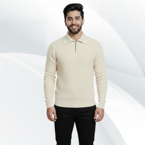 Men's Rib high Neck Sweater Half zipper (Cream)