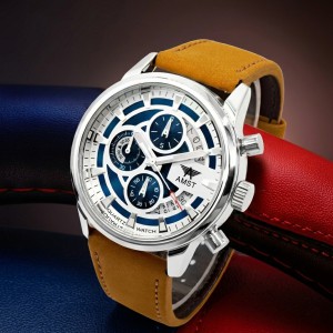 AMST 3068 Stylish Men's Luxury Chronograph Watch – White & Blue Dial, Silver Stainless Steel Case, Premium Tan Leather Strap, Date Display & Quartz Movement Sport Wristwatch