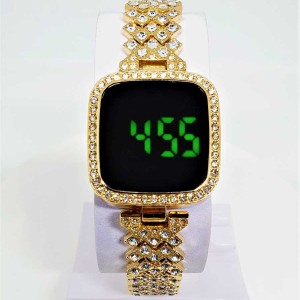 New Trend Fashion Steel Chain Diamond Women Watch Full Diamond Touch Screen LED Water Diamond Bracelet Watch (Golden)