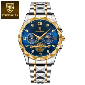 POEDAGAR 996 Luxury Man Luminous Chronograph Watch for Men Stainless Steel Men's Quartz Watches (Butterfly Lock)