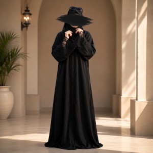 Premium Dubai Cherry Fabric: Elegant Lace Abaya Borka Black Color