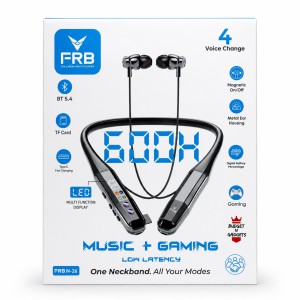 FRB N-26 Wireless Bluetooth 5.4 Neckband Earphone - 600 Hours Standby | Low Latency Gaming Mode, Digital Battery Display, 4 Voice Changer, Magnetic On/Off & Type-C Fast Charging Metal Earbuds