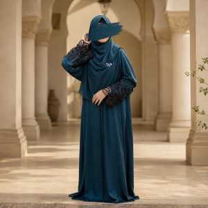 Premium Dubai Cherry Fabric: Elegant Lace Abaya Borka Teal Color