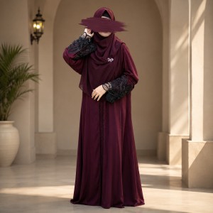 Premium Dubai Cherry Fabric: Elegant Lace Abaya Borka maroon Color