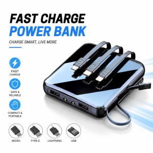 Smart 10000mAh Fast Charging Power Bank – Portable TWS & Phone Charger with Built-in Micro, Type-C, Lightning & USB Cables