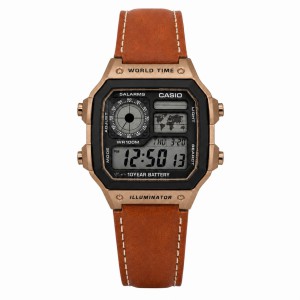Casio Illuminator Vintage Digital Leather Strap Watch – World Map Display, Long Battery Life, Water Resistant, Formal & Casual Wristwatch with Premium Gift Box & Extra Batteries