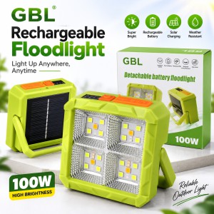 GBL Detachable Battery Solar Floodlight – 100W Super Bright Portable Outdoor LED Work Light with Built-in Power Bank, Weatherproof Design & Camping Emergency Light