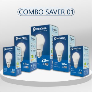 Rezzel LED Bulb 5-Piece Combo Pack (20W, 18W, 18W, 15W, 7W) – Energy Saving 6400K Cool White LED Bulbs with 270° Beam Angle, High Lumen Output & 1 Year Warranty