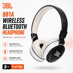 JBL 881A Wireless Bluetooth Headphone – Over-Ear Stereo Headset with Deep Bass, TF Card, FM Radio, AUX, Built-in Mic & Comfortable Cushion Design