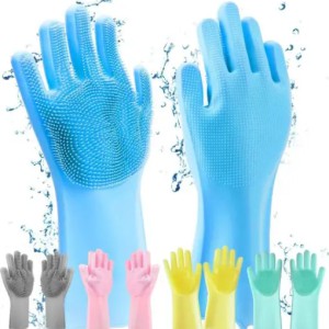 2 Pcs Magic Silicone Dish Washing Gloves – 2-in-1 Reusable Waterproof Cleaning Gloves with Built-in Scrubbers for Kitchen, Dishwashing & Heat Resistant up to 440°F (Multicolor)