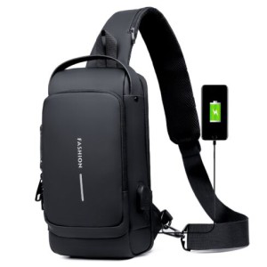 USB charging sport sling Anti-theft shoulder bag (Black)