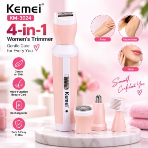 Kemei KM-3024 4-in-1 Rechargeable Women’s Grooming Kit – Painless Body Shaver, Nose, Eyebrow & Facial Hair Trimmer with Cordless Design