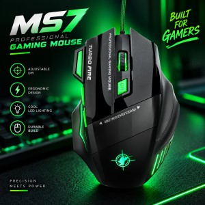 MS7 Professional Wired Gaming Mouse – Up to 3200 Adjustable DPI, Dedicated Turbo Fire Key, 7 Programmable Buttons, Braided Cable, Multi-Color RGB Breathing Lighting & Ergonomic Design