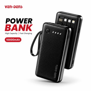 VEN-DENS 10000mAh Power Bank (VD-PB058) – Portable Charger with Built-in Type-C, Micro & Lightning Cables, Fireproof Shell & LED Indicator