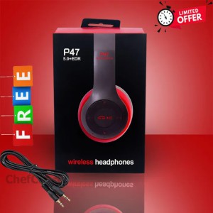 P47 Wireless Bluetooth Stereo Headphone – 40mm Driver Units, Dual Wired & Wireless Modes, Built-in FM Radio, TF Card Slot, 6H Playtime & Universal Compatibility for Gaming & Sports