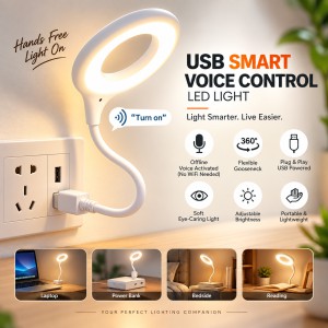 USB Smart Voice Control LED Light – Offline Voice Activated, 360° Flexible Plug & Play Reading Lamp for Laptop, Power Bank & Bedside (No WiFi Needed)