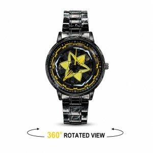 360° Rotating Car Wheel Rim Quartz Watch – Matte Black Metal Sports Wristwatch, 3D Alloy Rim & Brake Disc Dial, Stainless Steel Strap & Scratch-Resistant Glass for Men