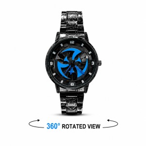 360° Rotating Car Wheel Rim Quartz Watch – Matte Black Metal Sports Wristwatch, 3D Alloy Rim & Brake Disc Dial, Stainless Steel Strap & Scratch-Resistant Glass for Men