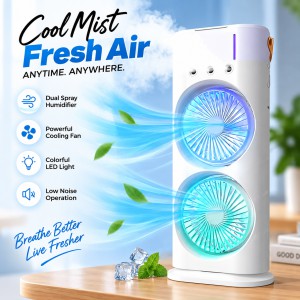 FADIUMS Portable Double-Ended Spray Fan with Humidifier – 600ml Water Tank, 3-Speed Cooling Fan, Built-in Multi-Color LED & USB Type-C Desktop Cooling Fan
