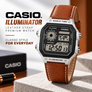 Casio Illuminator Vintage Digital Leather Strap Watch – World Map Display, Long Battery Life, Water Resistant, Formal & Casual Wristwatch with Premium Gift Box & Extra Batteries