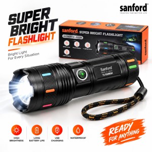 Sanford Super Bright White Laser LED Flashlight – Made in Japan High-Power Tactical Torch with 18650mAh Battery, Digital Display, Power Bank & Type-C Charging
