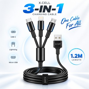 X.Cell High-Performance 3-in-1 Multi Charging Cable – 1.2M Charging Cord with USB-C, Lightning & Micro-USB Connectors for Universal Smartphones