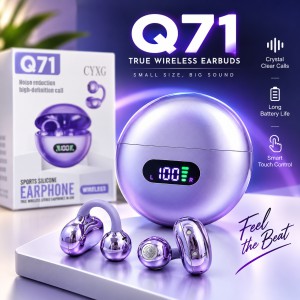 Q71 True Wireless Open-Ear / Ear Clip Earbuds – Digital LED Display, HD Stereo Sound, Noise Reduction Call Feature, 30mAh Earbud & 180mAh Charging Case for Sports & Daily Use