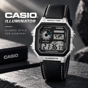 Casio Illuminator Vintage Digital Leather Strap Watch – World Map Display, Long Battery Life, Water Resistant, Formal & Casual Wristwatch with Premium Gift Box & Extra Batteries