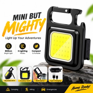 GEBSKIB 800 Lumen COB LED Keychain Work Light – Ultra-Bright Portable Mini Flashlight with 3 Lighting Modes, Magnetic Suction, Bottle Opener & Type-C Rechargeable Aluminum Design