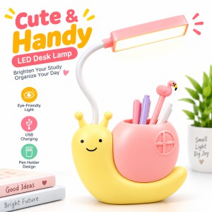 Rechargeable LED Snail Table Light – Child Eye Protection Desk Lamp with Built-In Pen Holder, Flexible Neck & USB Charging for Kids Study & Night Light