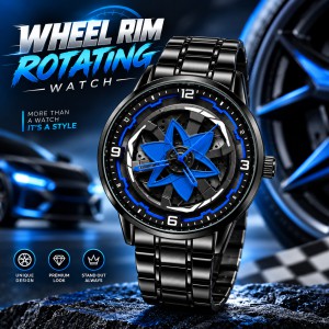 360° Rotating Car Wheel Rim Quartz Watch – Matte Black Metal Sports Wristwatch, 3D Alloy Rim & Brake Disc Dial, Stainless Steel Strap & Scratch-Resistant Glass for Men