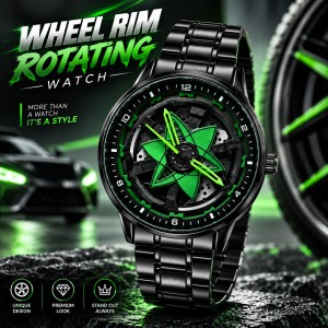 360° Rotating Car Wheel Rim Quartz Watch – Matte Black Metal Sports Wristwatch, 3D Alloy Rim & Brake Disc Dial, Stainless Steel Strap & Scratch-Resistant Glass for Men