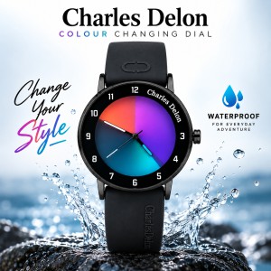 Charles Delon Waterproof Color-Changing Dial Watch for Him & Her – Unisex Black Silicone Strap Gradient Dial Wristwatch