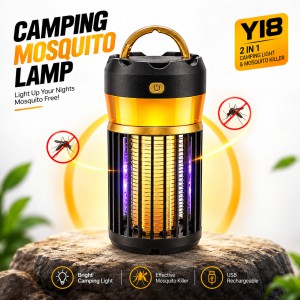 Y18 Camping Mosquito Killer Lamp – 2-in-1 Portable UV Light Insect Trap & Electric Shock Zapper with Rechargeable Battery, Hanging Hook & Chemical-Free Operation