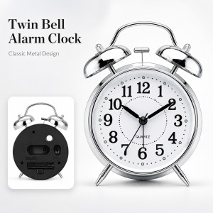 Round Copper Metal Twin Bell Alarm Clock – Non-Ticking Retro Desk Clock with Loud Ring for Morning Wake Up (Durable Metal Design)