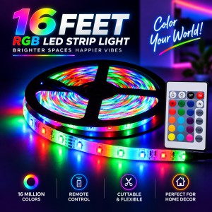16 Feet RGB Remote Control LED Strip Light – Color Changing Flexible Strip with Flash, Strobe & Smooth Modes for TV Backlight, Gaming Setup & Room Decor