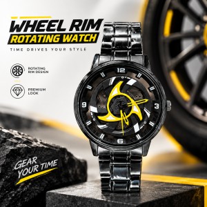 360° Rotating Car Wheel Rim Quartz Watch – Matte Black Metal Sports Wristwatch, 3D Alloy Rim & Brake Disc Dial, Stainless Steel Strap & Scratch-Resistant Glass for Men