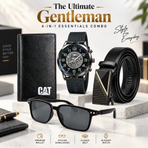 The Ultimate Gentleman's 4-in-1 Essentials Combo(1) – Olevs Skeleton Wrist Watch, Automatic Leather Belt, Wayfarer Sunglasses & Classic Long Wallet Set for Men
