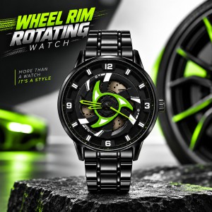 360° Rotating Car Wheel Rim Quartz Watch – Matte Black Metal Sports Wristwatch, 3D Alloy Rim & Brake Disc Dial, Stainless Steel Strap & Scratch-Resistant Glass for Men