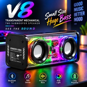V8 Transparent Mechanical TWS Wireless Bluetooth Speaker – Futuristic See-Through Design, Subwoofer Stereo Sound, RGB LED Lights & 1800mAh Battery