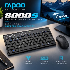 Rapoo 8000S Wireless Keyboard and Mouse Combo (Black) – 2.4GHz Stable Wireless, Spill-Resistant Design, 1000 DPI Optical Mouse, Long Battery Life & 2-Year Warranty
